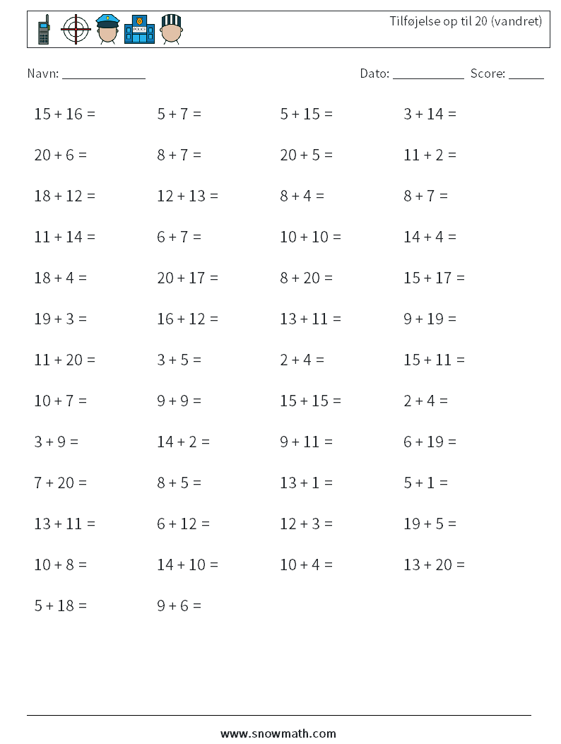 (50) Tilføjelse op til 20 (vandret) Matematiske regneark 8