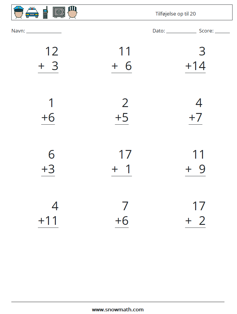 (12) Tilføjelse op til 20 Matematiske regneark 1