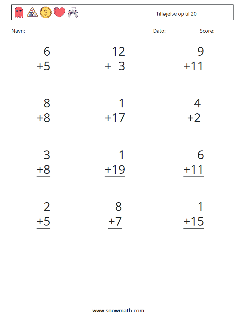 (12) Tilføjelse op til 20 Matematiske regneark 10
