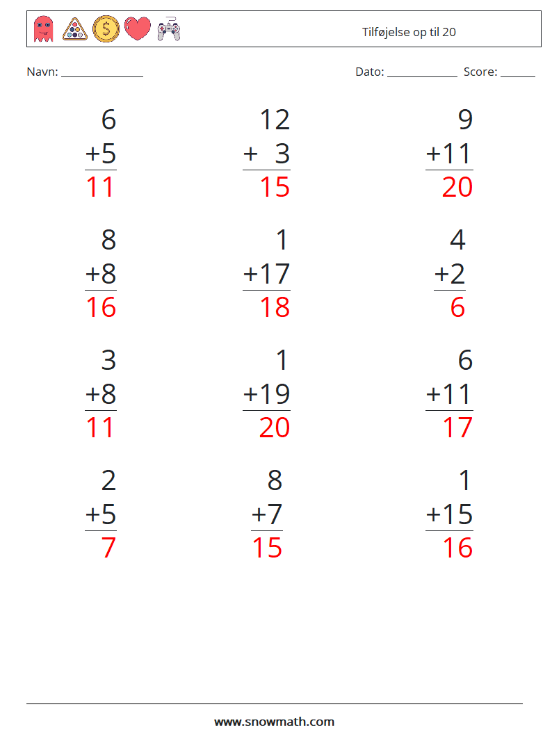 (12) Tilføjelse op til 20 Matematiske regneark 10 Spørgsmål, svar