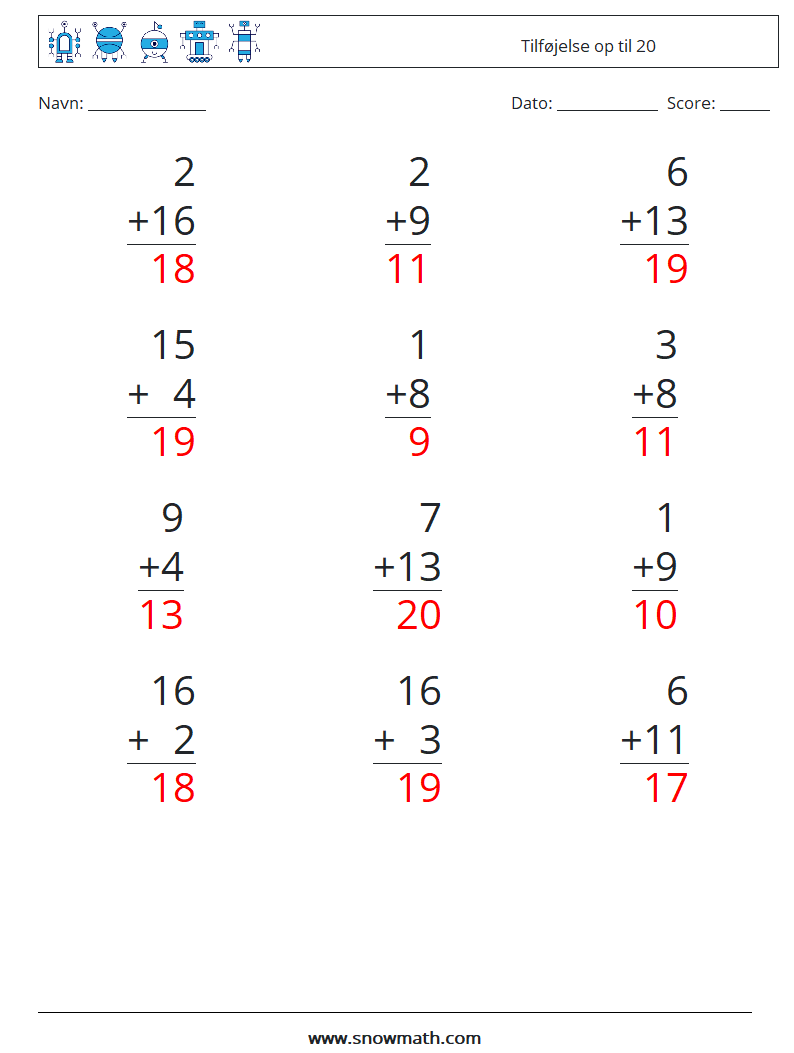 (12) Tilføjelse op til 20 Matematiske regneark 11 Spørgsmål, svar