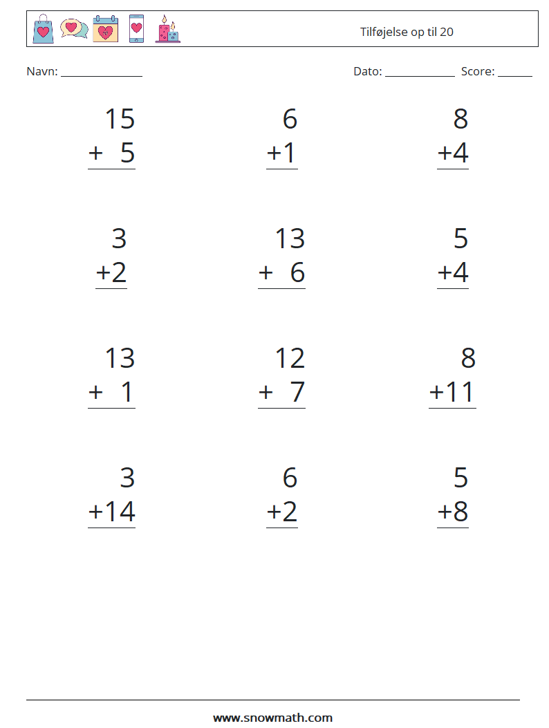 (12) Tilføjelse op til 20 Matematiske regneark 12