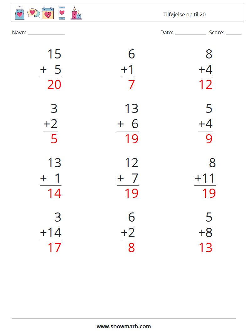 (12) Tilføjelse op til 20 Matematiske regneark 12 Spørgsmål, svar