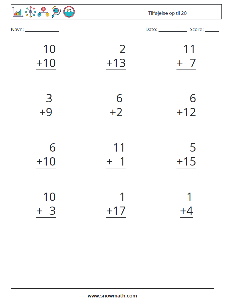 (12) Tilføjelse op til 20 Matematiske regneark 13