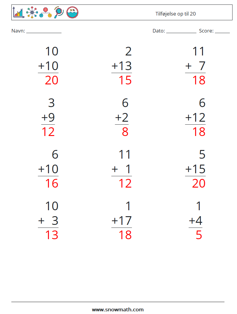 (12) Tilføjelse op til 20 Matematiske regneark 13 Spørgsmål, svar