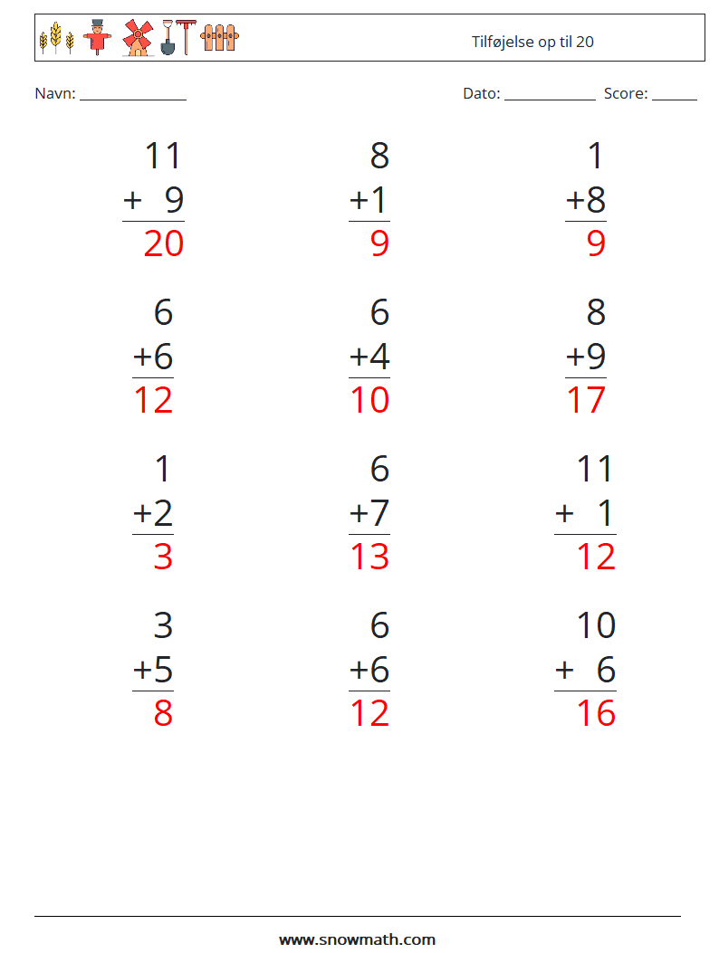 (12) Tilføjelse op til 20 Matematiske regneark 14 Spørgsmål, svar