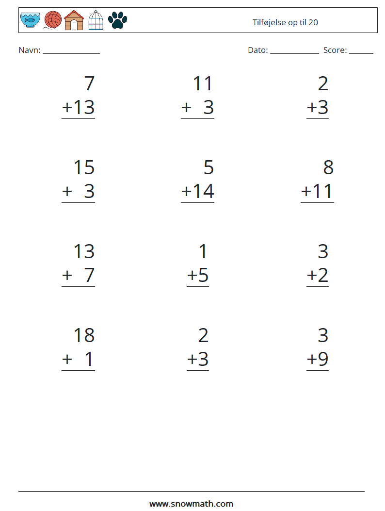 (12) Tilføjelse op til 20 Matematiske regneark 16