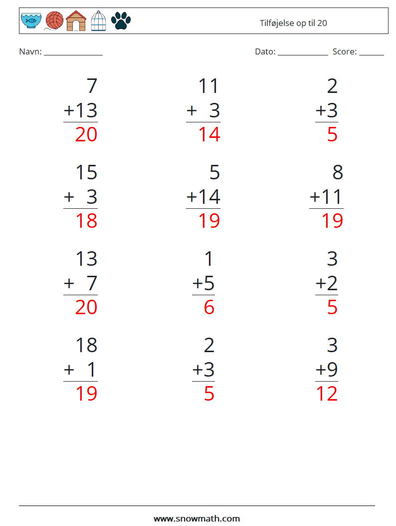 (12) Tilføjelse op til 20 Matematiske regneark 16 Spørgsmål, svar