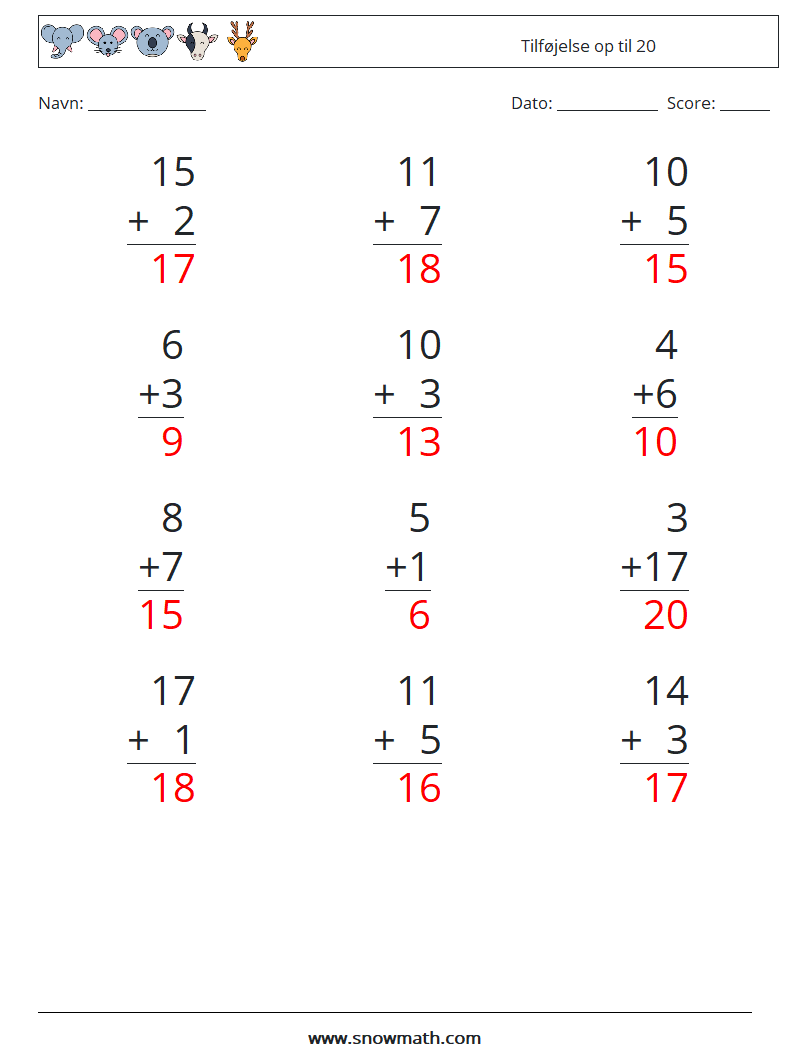 (12) Tilføjelse op til 20 Matematiske regneark 17 Spørgsmål, svar