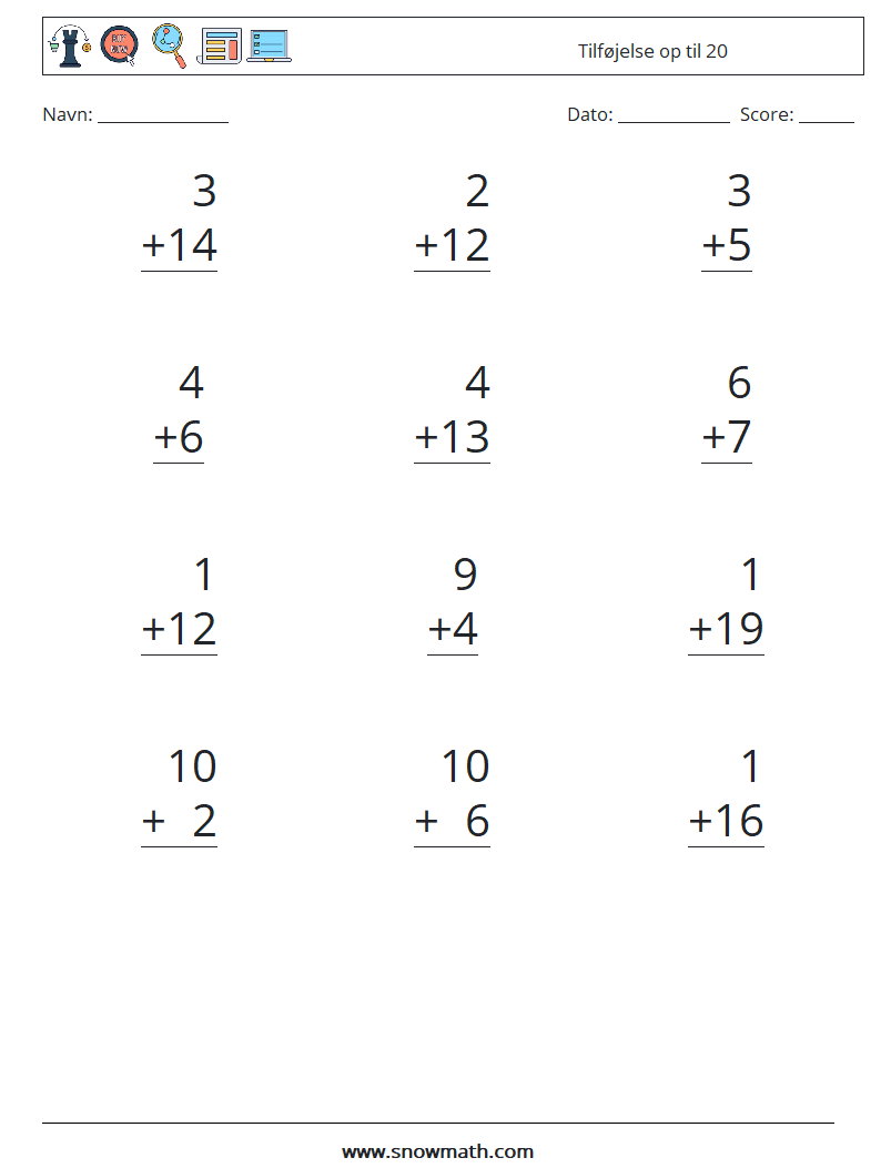 (12) Tilføjelse op til 20 Matematiske regneark 18