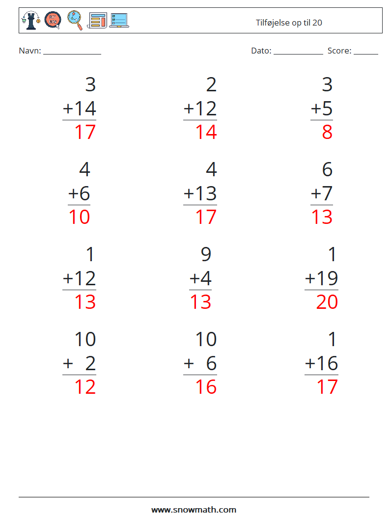 (12) Tilføjelse op til 20 Matematiske regneark 18 Spørgsmål, svar