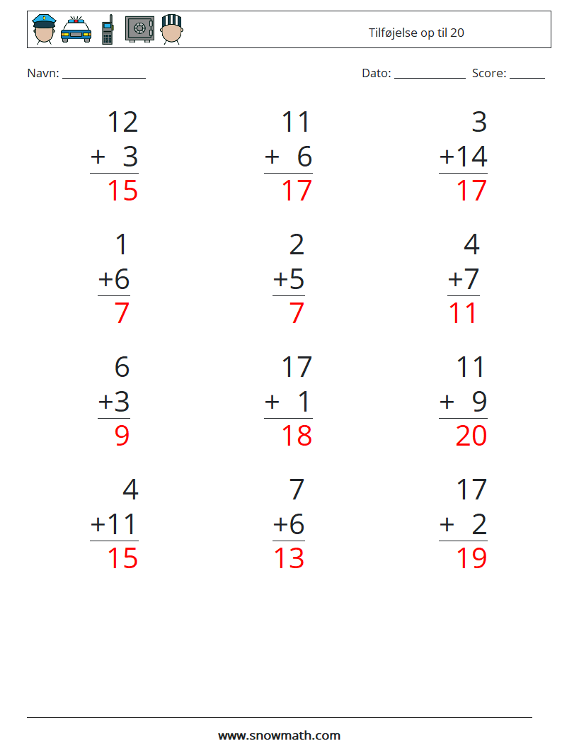 (12) Tilføjelse op til 20 Matematiske regneark 1 Spørgsmål, svar