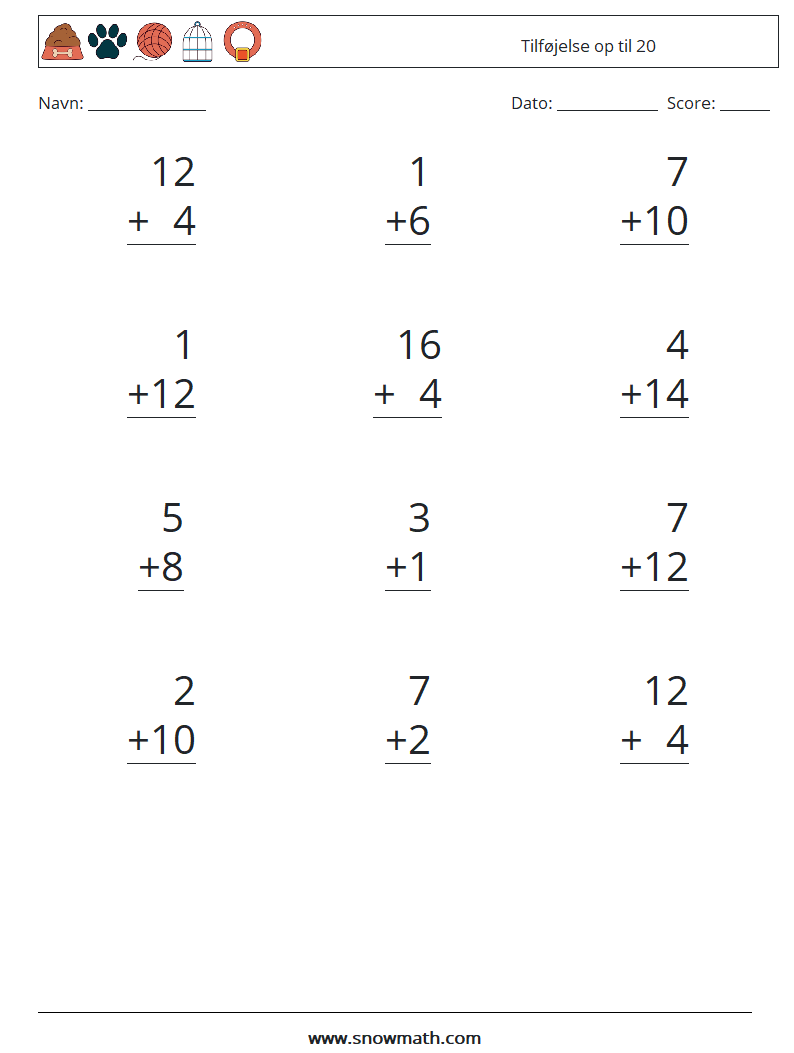 (12) Tilføjelse op til 20 Matematiske regneark 2