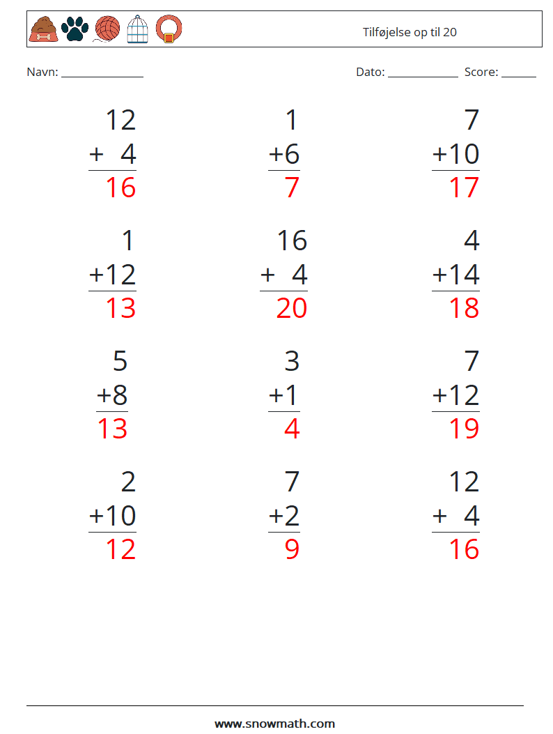 (12) Tilføjelse op til 20 Matematiske regneark 2 Spørgsmål, svar