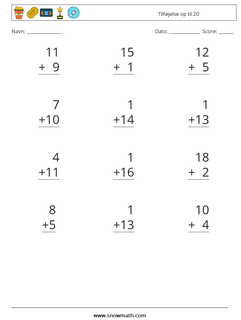 (12) Tilføjelse op til 20 Matematiske regneark 3
