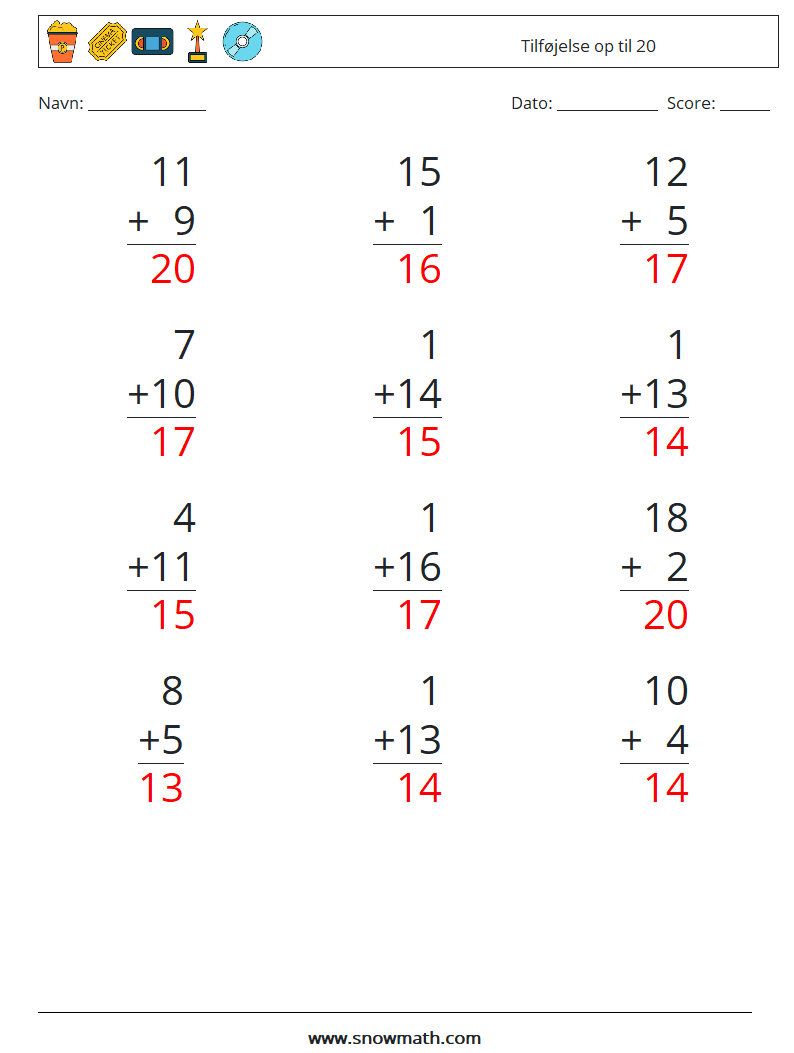 (12) Tilføjelse op til 20 Matematiske regneark 3 Spørgsmål, svar