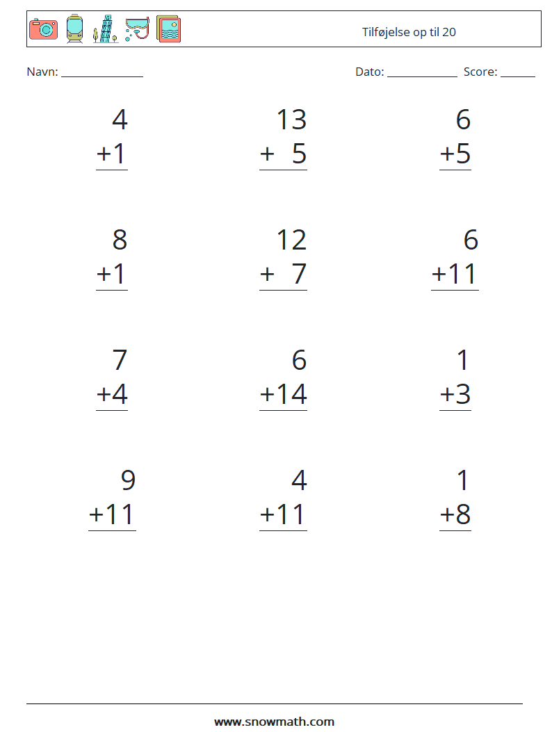 (12) Tilføjelse op til 20 Matematiske regneark 5