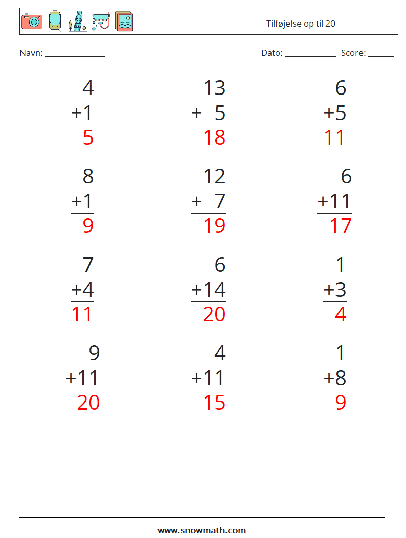 (12) Tilføjelse op til 20 Matematiske regneark 5 Spørgsmål, svar