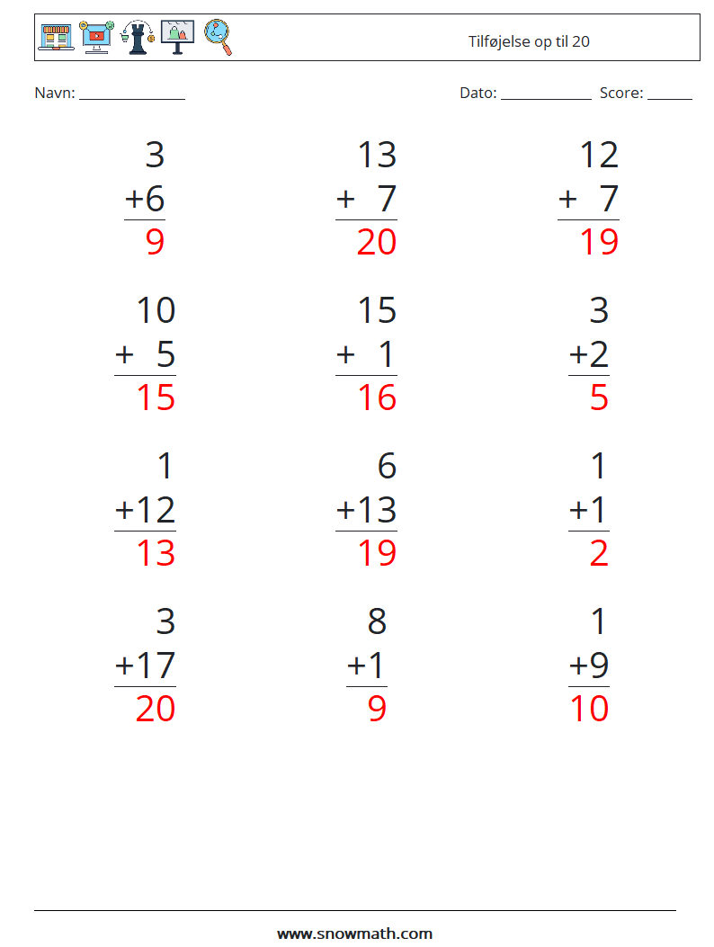 (12) Tilføjelse op til 20 Matematiske regneark 6 Spørgsmål, svar