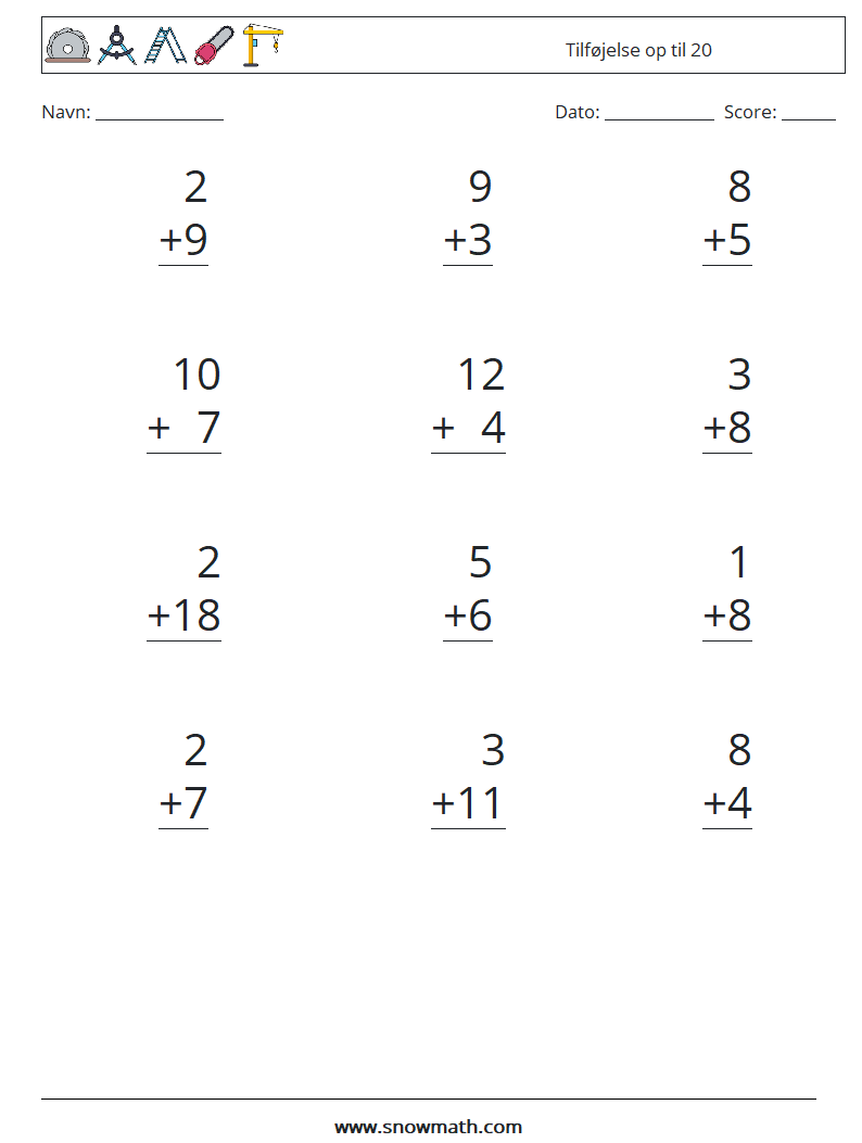 (12) Tilføjelse op til 20 Matematiske regneark 7