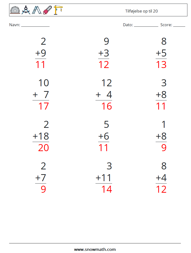 (12) Tilføjelse op til 20 Matematiske regneark 7 Spørgsmål, svar