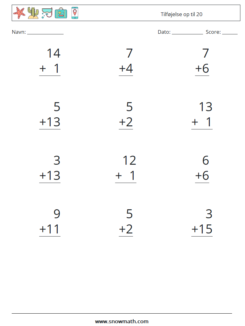 (12) Tilføjelse op til 20 Matematiske regneark 8