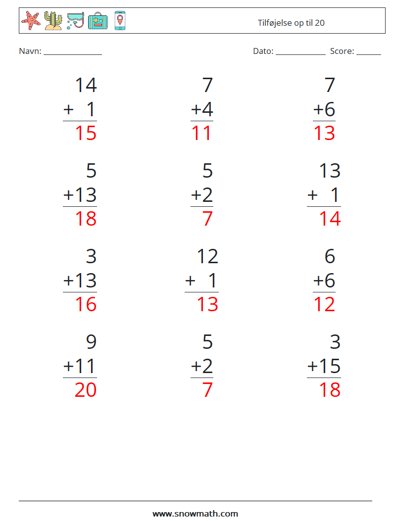 (12) Tilføjelse op til 20 Matematiske regneark 8 Spørgsmål, svar