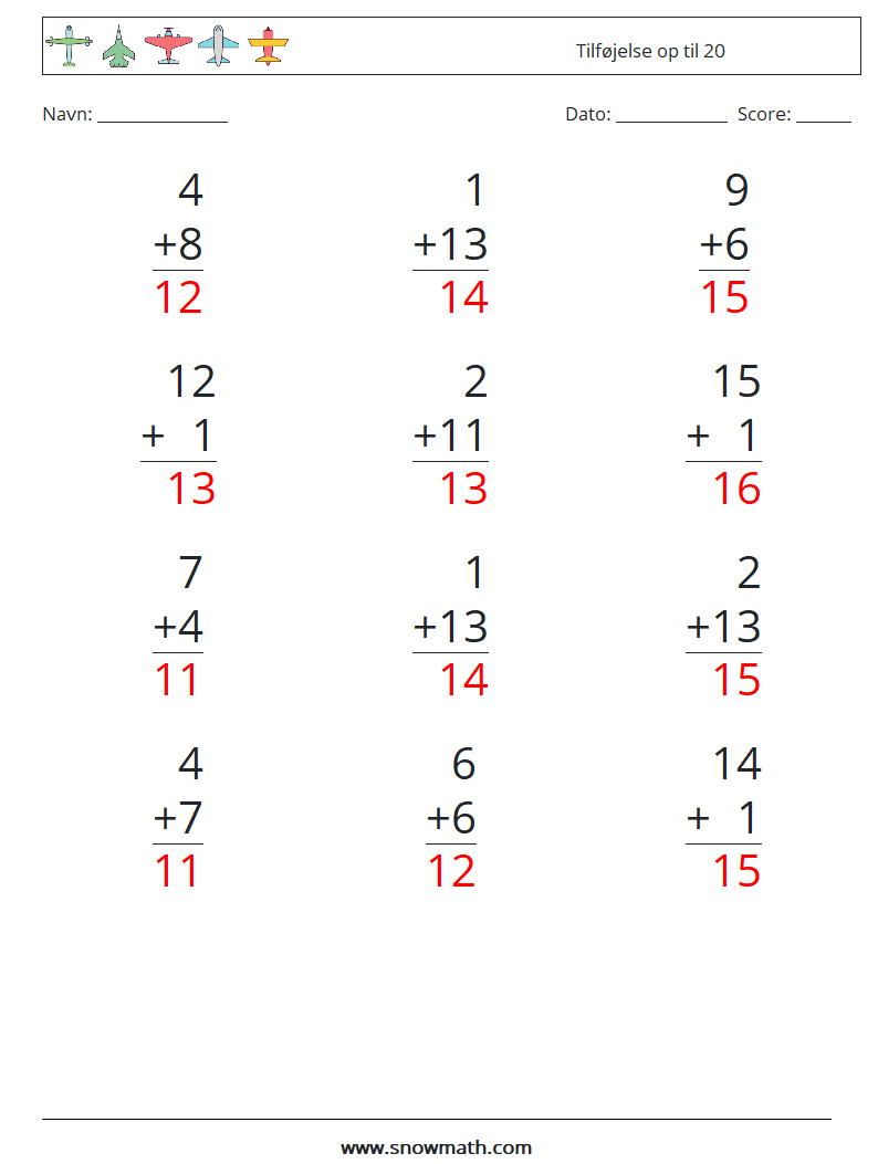 (12) Tilføjelse op til 20 Matematiske regneark 9 Spørgsmål, svar