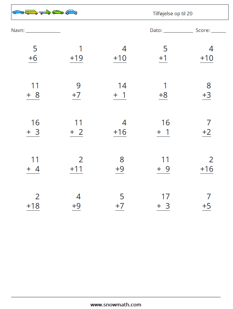 (25) Tilføjelse op til 20 Matematiske regneark 1