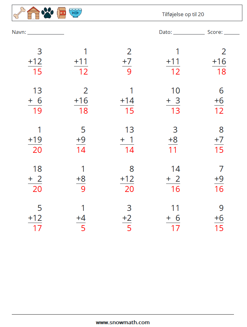 (25) Tilføjelse op til 20 Matematiske regneark 14 Spørgsmål, svar