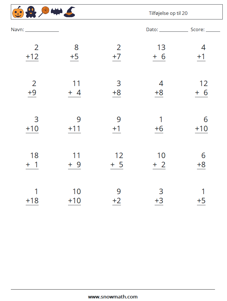 (25) Tilføjelse op til 20 Matematiske regneark 15