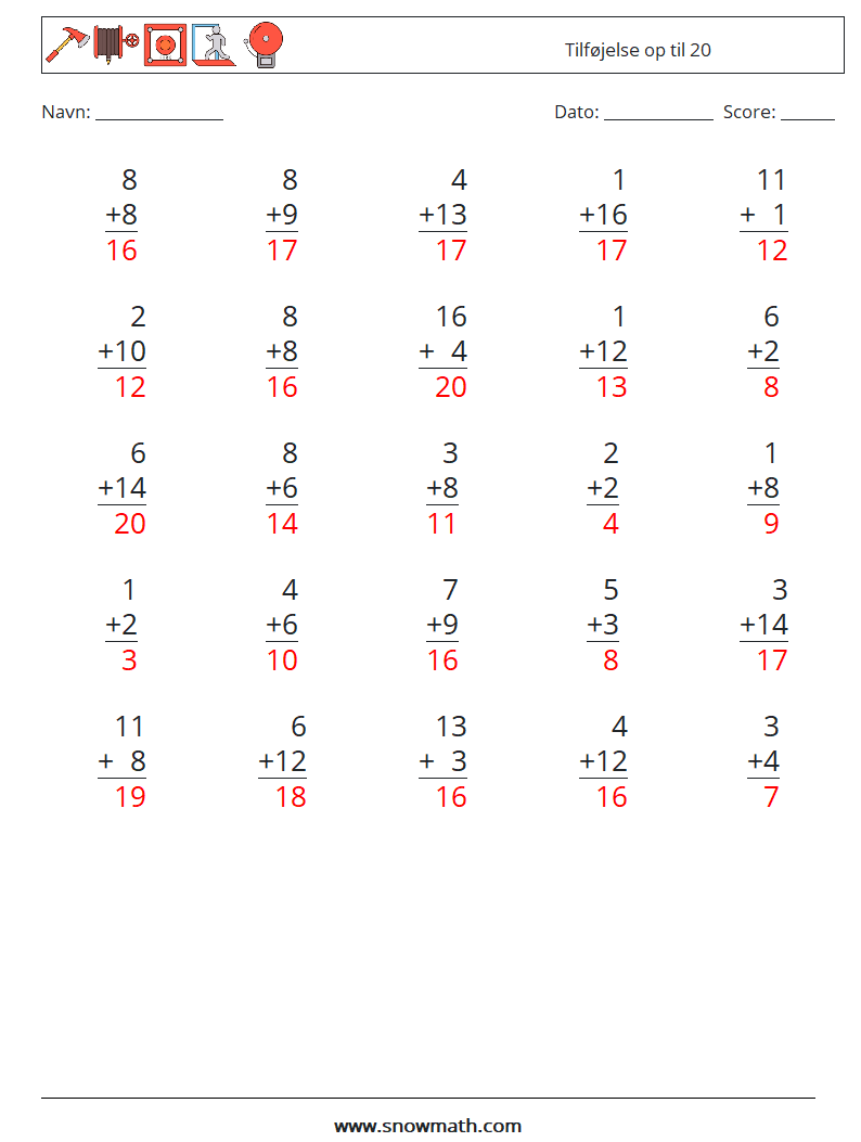 (25) Tilføjelse op til 20 Matematiske regneark 18 Spørgsmål, svar