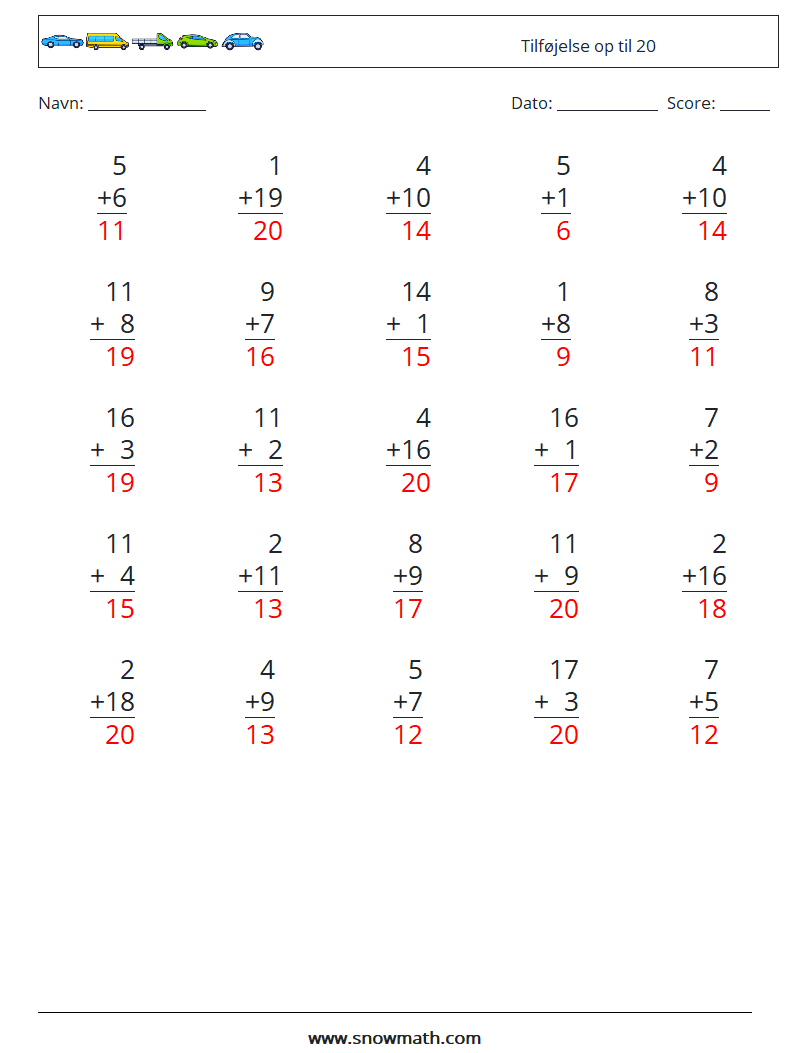 (25) Tilføjelse op til 20 Matematiske regneark 1 Spørgsmål, svar