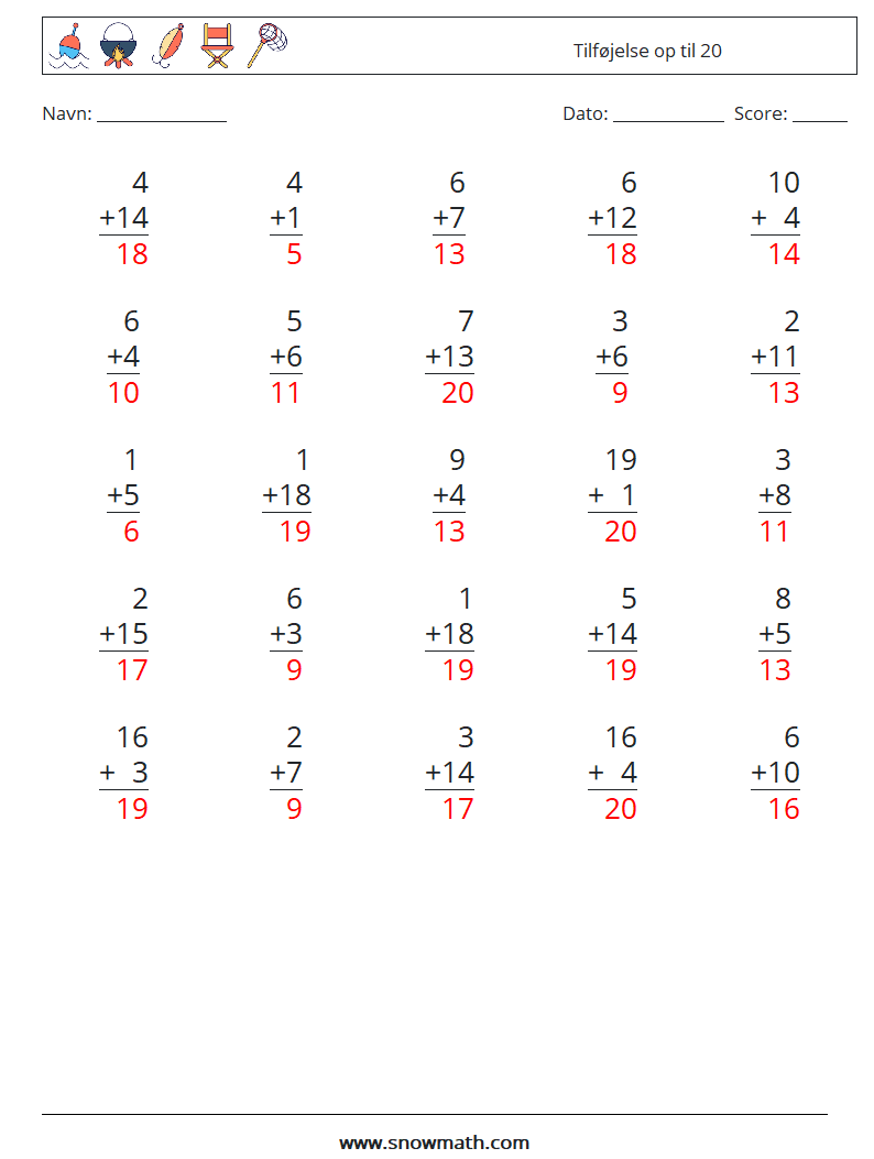 (25) Tilføjelse op til 20 Matematiske regneark 2 Spørgsmål, svar