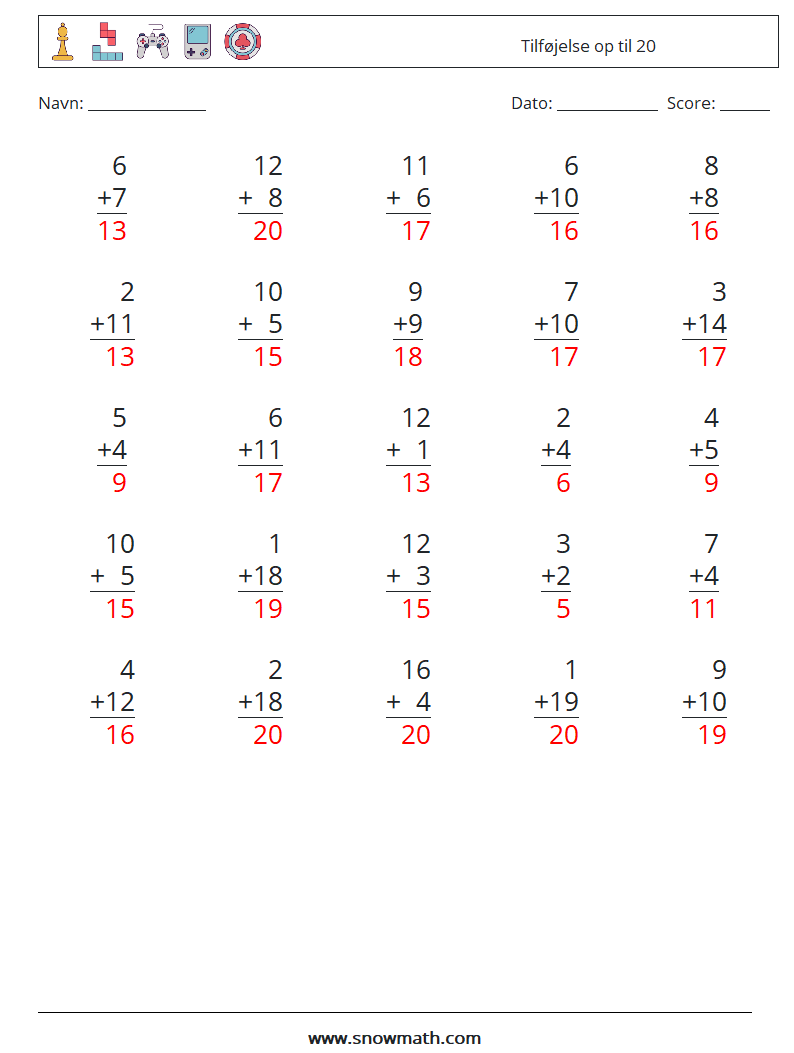 (25) Tilføjelse op til 20 Matematiske regneark 4 Spørgsmål, svar