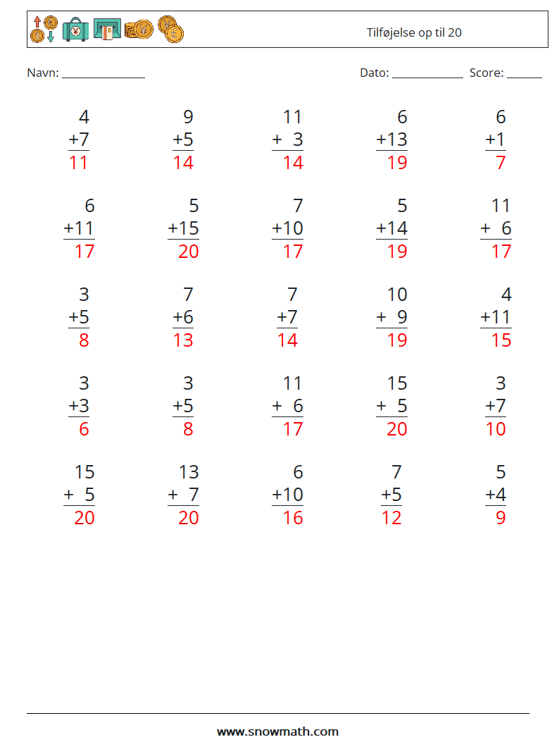 (25) Tilføjelse op til 20 Matematiske regneark 5 Spørgsmål, svar