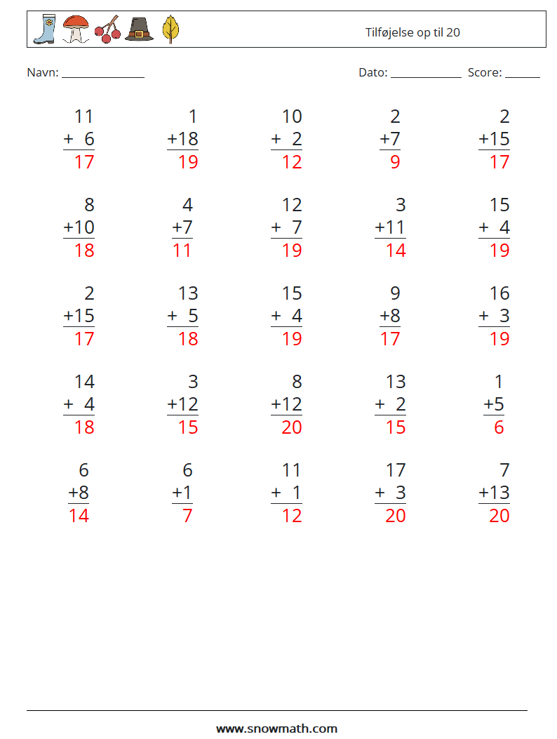 (25) Tilføjelse op til 20 Matematiske regneark 6 Spørgsmål, svar