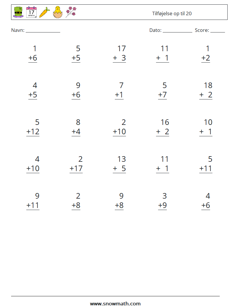 (25) Tilføjelse op til 20 Matematiske regneark 7