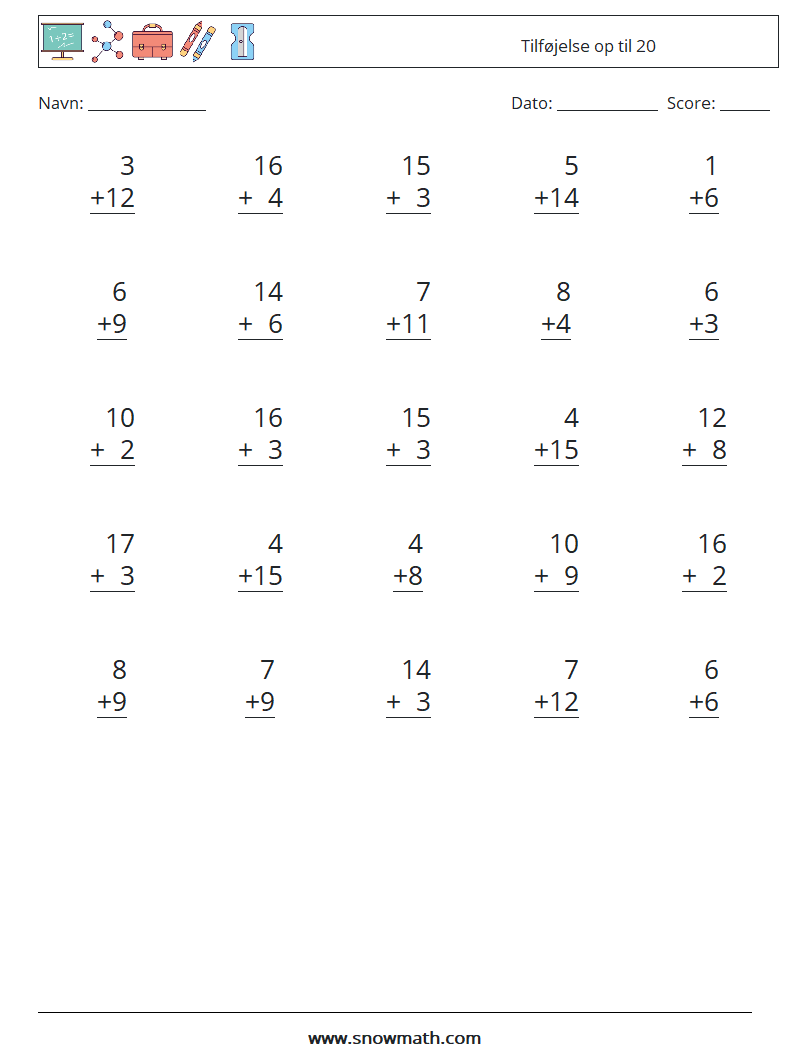 (25) Tilføjelse op til 20 Matematiske regneark 8