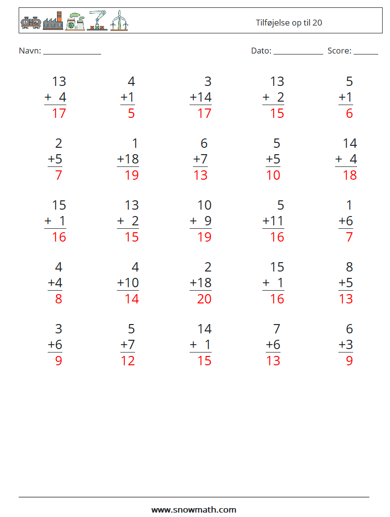 (25) Tilføjelse op til 20 Matematiske regneark 9 Spørgsmål, svar