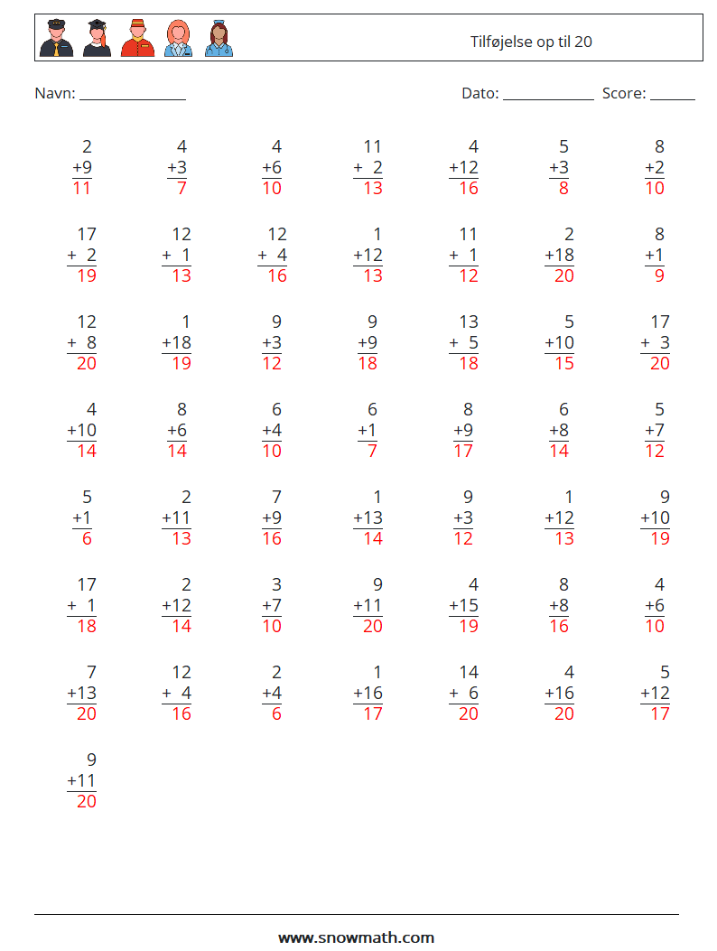 (50) Tilføjelse op til 20 Matematiske regneark 10 Spørgsmål, svar