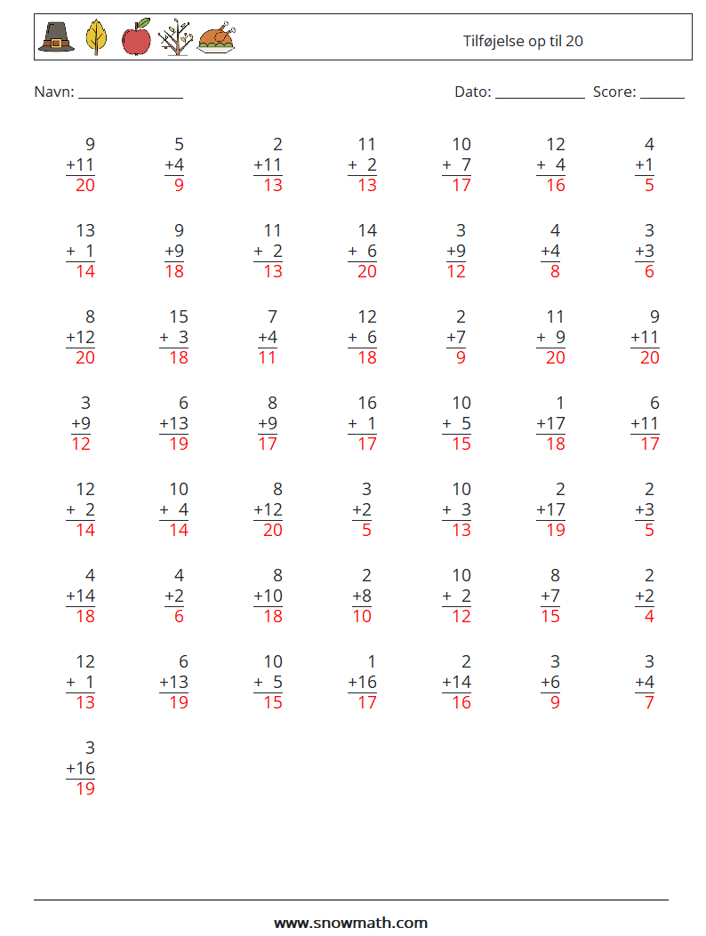 (50) Tilføjelse op til 20 Matematiske regneark 11 Spørgsmål, svar