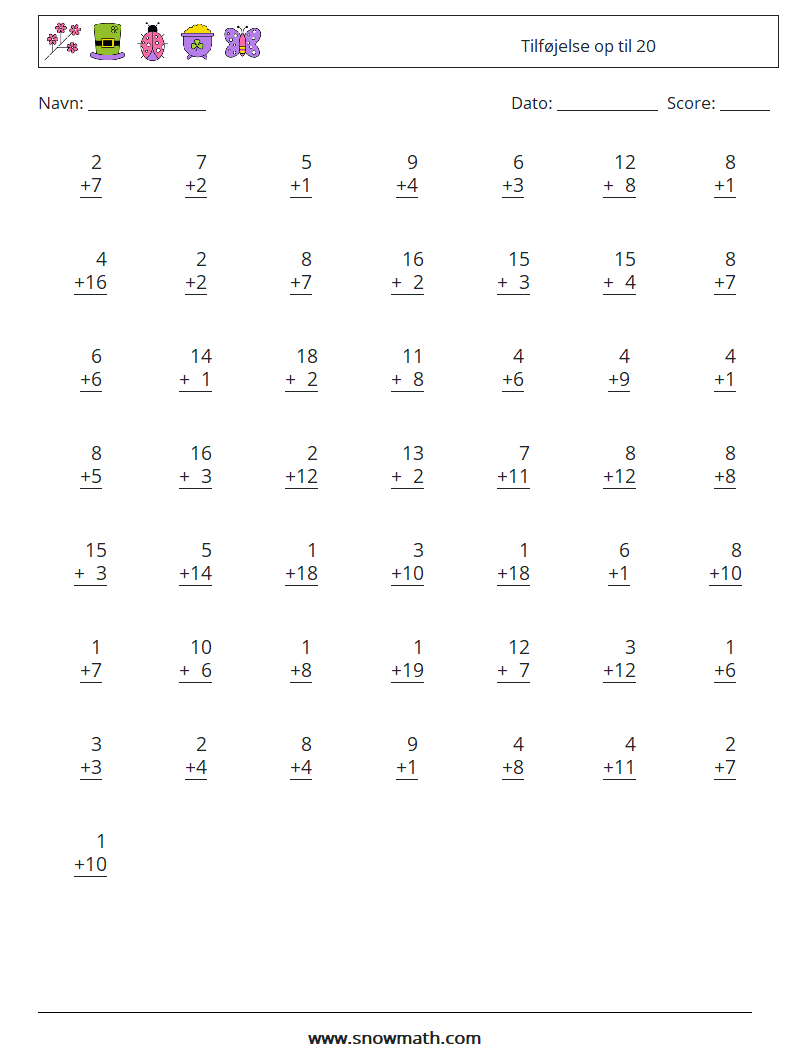 (50) Tilføjelse op til 20 Matematiske regneark 13