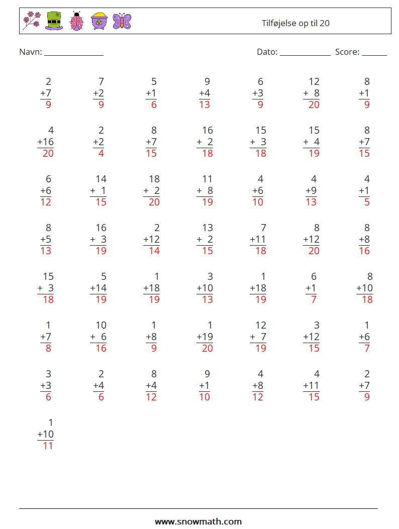 (50) Tilføjelse op til 20 Matematiske regneark 13 Spørgsmål, svar