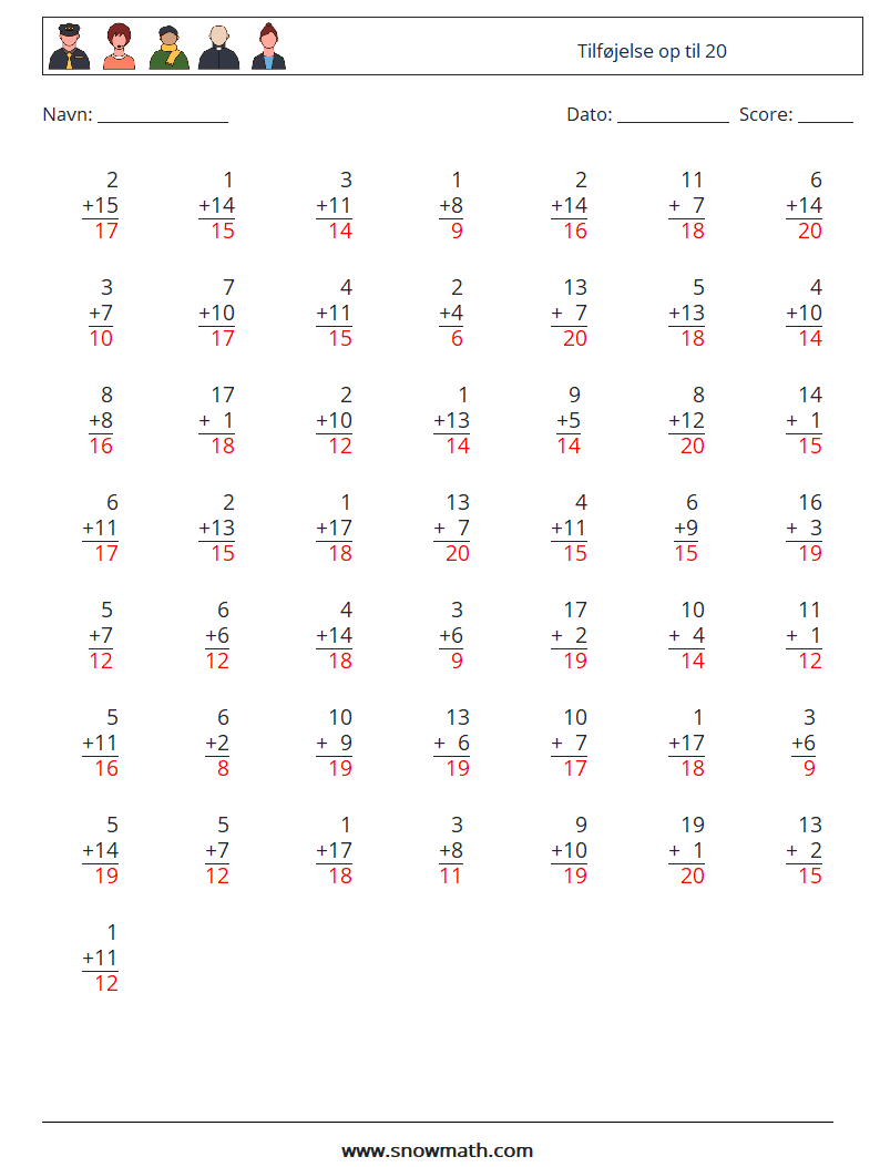 (50) Tilføjelse op til 20 Matematiske regneark 18 Spørgsmål, svar