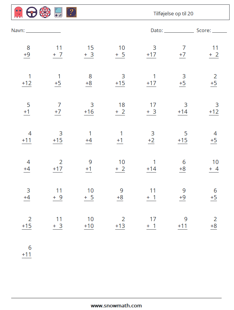 (50) Tilføjelse op til 20 Matematiske regneark 2