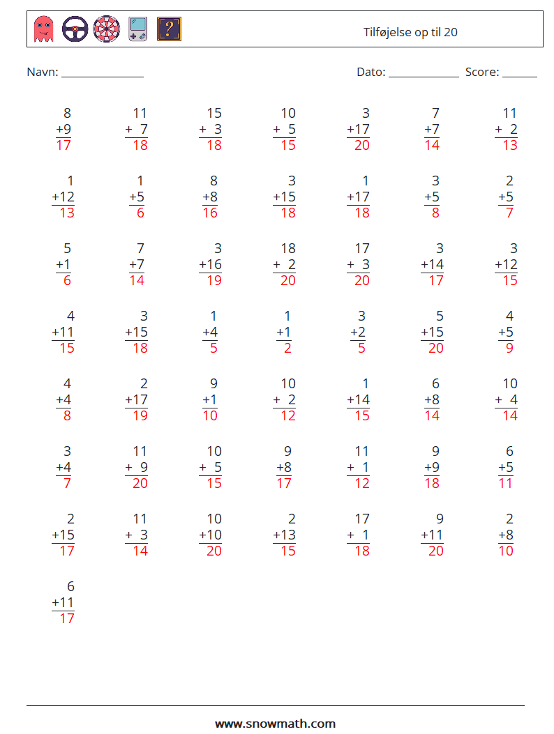 (50) Tilføjelse op til 20 Matematiske regneark 2 Spørgsmål, svar
