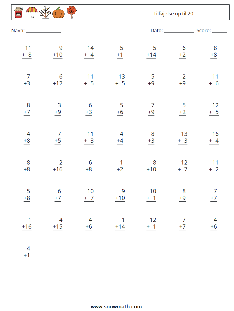 (50) Tilføjelse op til 20 Matematiske regneark 5