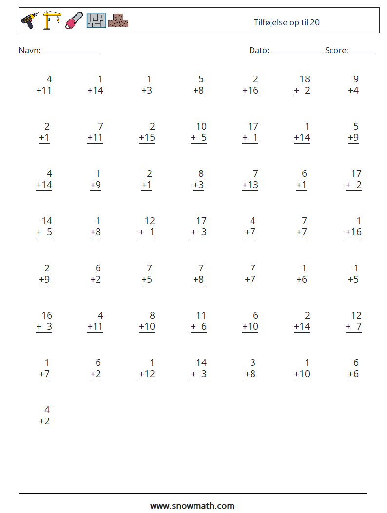 (50) Tilføjelse op til 20 Matematiske regneark 6