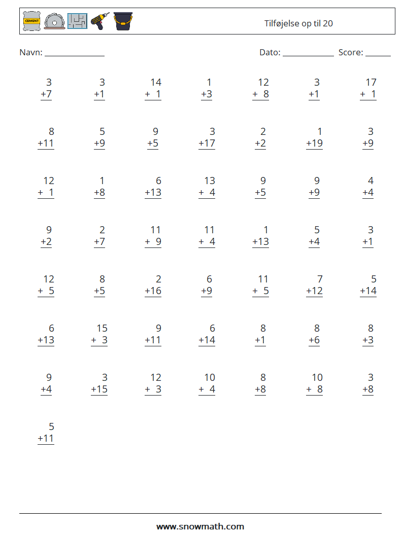 (50) Tilføjelse op til 20 Matematiske regneark 7